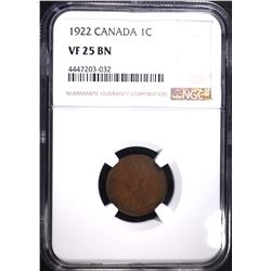 1922 CANADIAN CENT, NGC VF-25 BN