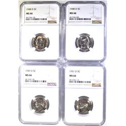 4 JEFFERSON NICKELS NGC MS-66