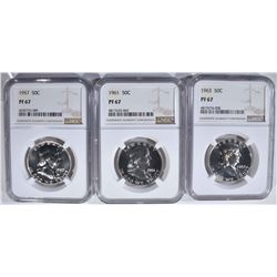 1957, 61 & 63 FRANKLIN HALF DOLLARS, NGC PF-67