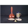 Image 1 : A Spanish Wine Bottle, A Water Cup, Two Small Dishes and a Copper Bell.