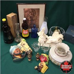 Box Lot: Coal Oil Lamps, Framed Copper Art, Décor Statues, Crystal Bowl, Cossak Marauder Head, etc