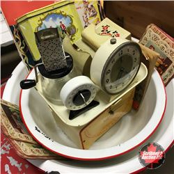White & Red Enamelware with Household Scale, Match Stick Holder, Ephemera, Claytoon Slides, Timer, e