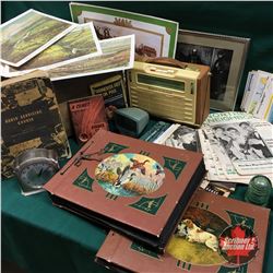 Fruit Wood Crate Lot: Radio, Photo Albums, Argus Previewer, Ephemera, Clock, Insulators, etc