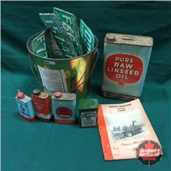 Tumbler Soap Pail Lot: Lic Plates, Linseed Oil Tin, Polish Tins, Brake Fluid, Massey Manual, etc