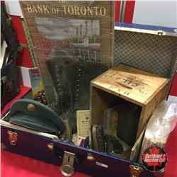 Blue Tin Trunk Lot: Militaria Collection (Uniform Hat, Flask, Belt Buckle, Ration Books, 1947 Bank o