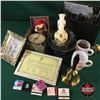 Image 1 : Upholstered Box Lot: Framed Pics, Cups, Bell, Alarm Clock, etc