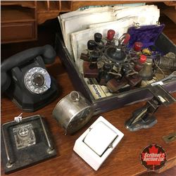 Office in a Box : Stamps, Apothecary Scale, Stamp Roller, Newspapers, Telephone, etc