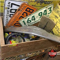 Wood Box Lot: Chev Emblem, Lic Plates, Repair Manual, Tire Repair Containers, Farm Account Book, Cal