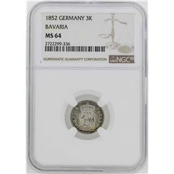 1852 Germany Bavaria 3 Kreuzer Coin NGC MS64