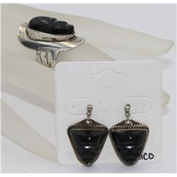 STERLING SILVER AND BLACK ONYX EARRINGS AND RING