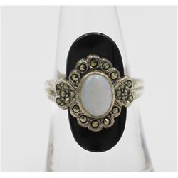 ESTATE STERLING SILVER RING OPAL, BLACK ONYX
