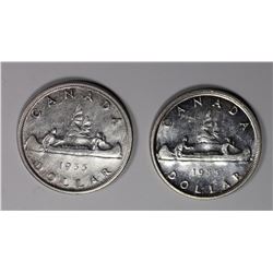 (2) 1955 CANADA SILVER DOLLARS