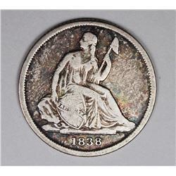 1838-O LIBERTY SEATED DIME. NO STARS NICE VG+