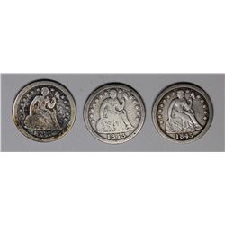 SEATED DIMES: 1843 G-VG, 1845 FINE AND 1845-O VG