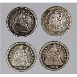 SEATED DIMES: 1857, 1857-O, 1858 AND 1858-O.