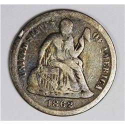 1862-S SEATED DIME VG+ VERY RARE!