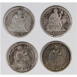 SEATED DIMES: 1872, 1872-S, AND (2) 1873