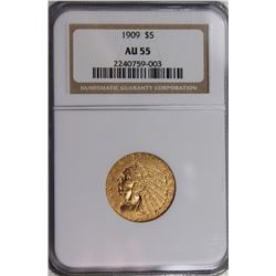 1909 $5 GOLD INDIAN NGC AU 55 NICE!