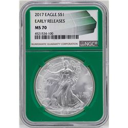 2017 $1 American Silver Eagle Coin NGC MS70 Early Releases Green Core
