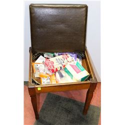VINTAGE SEWING STOOL WITH CONTENTS