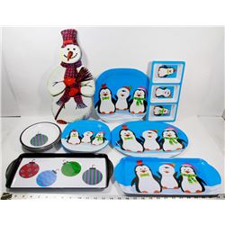 FLAT OF ASSORTED WINTER THEME SERVING DISHES
