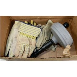 LOT OF WORK GLOVES AND LARGE RIGID TOILET SNAKE