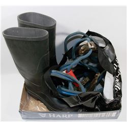 NEW RUBBER BOOTS, SIZE 8,  AND BOOSTER CABLES