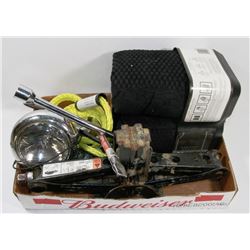 LOT OF ASSORTED AUTO TOOLS, INCLUDING JACK. TOW