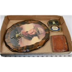 JOHN WAYNE WOOD CLOCK WITH BELT BUCKLES AND