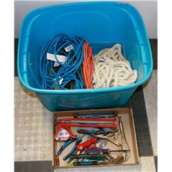 TOTE OF EXTENSION CORDS, A ROPE AND TOOLS
