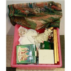 PINK BIN WITH ANGEL ORNAMENTS OF VARIOUS TYPE.