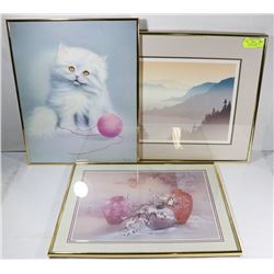 LOT OF 3 PICTURES - MOUNTAIN SCENE, KITTEN, CHERRY