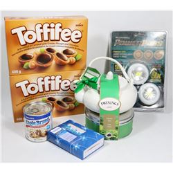 BOX WITH FOFFIFEE CANDIES, TWINNINGS TEA SET,