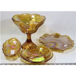 4PCS VINTAGE AMBER CARNIVAL GLASS