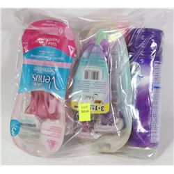 BAG OF WOMENS RAZORS AND SHAVE GEL