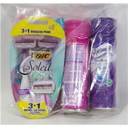 BAG OF WOMENS RAZORS AND SHAVE GEL