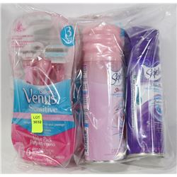 BAG OF WOMENS RAZORS AND SHAVE GEL