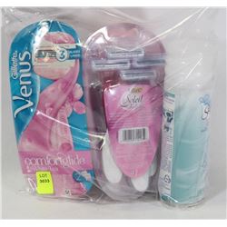 BAG OF WOMENS RAZORS AND SHAVE GEL