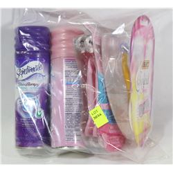 BAG OF WOMENS RAZORS AND SHAVE GEL