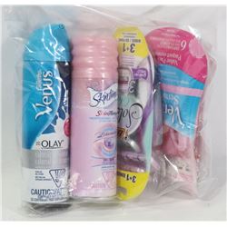 BAG OF WOMENS RAZORS AND SHAVE GEL