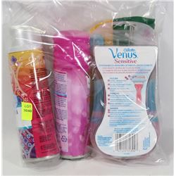 BAG OF WOMENS RAZORS AND SHAVE GEL