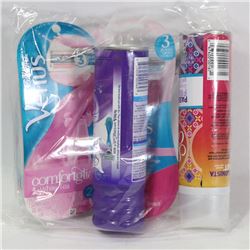 BAG OF WOMENS RAZORS AND SHAVE GEL