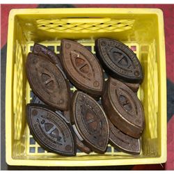 MILK CRATE OF SAD IRONS