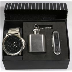 NEW MENS WATCH, POCKET KNIFE, AND FLASK SET