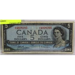 1954 CANADIAN $5 DOLLAR BILL,   MODIFIED HAIRDO