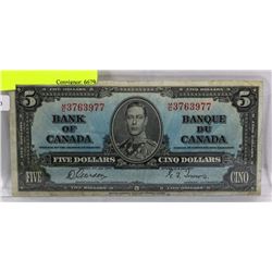 1937 KING GEORGE VI $5 DOLLAR BILL
