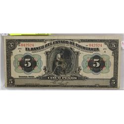 1920'S MEXICO 5 PECO CURRENCY BANK NOTE