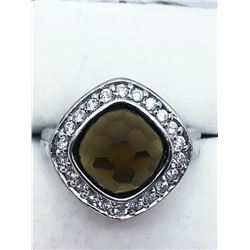95) STERLING SILVER SMOKEY QUARTZ & CZ RING
