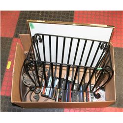 BOX WITH DVDS , METAL RACK AND WALL HANGING