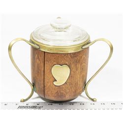 ANTIQUE BRASS AND WOOD GINGER/BISCUIT JAR.